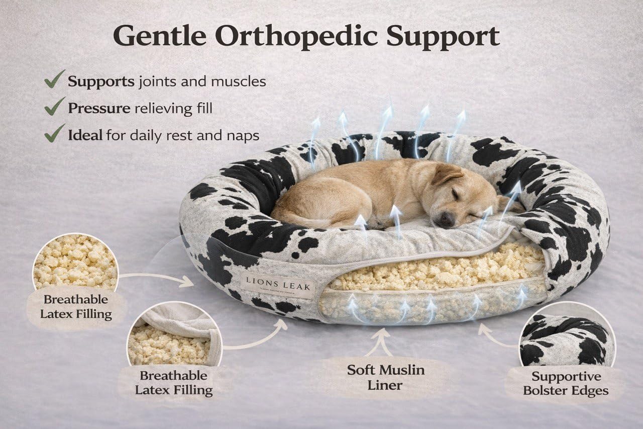 LIONS LEAK Round Dog Bed – Natural Canvas, Removable Washable Cover, Raw Cotton or Latex Fill, Hypoallergenic Non-Toxic, Made in USA