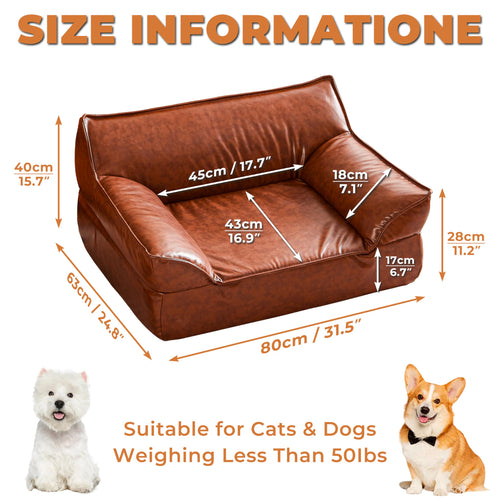ATJafurn Leather Dog Couch Bed for Small Medium and Large Dogs, Brown Mid Century Modern Elevated Cat Sofa Bed Luxurious Indoor Furniture Style Pet Supplies for Puppy