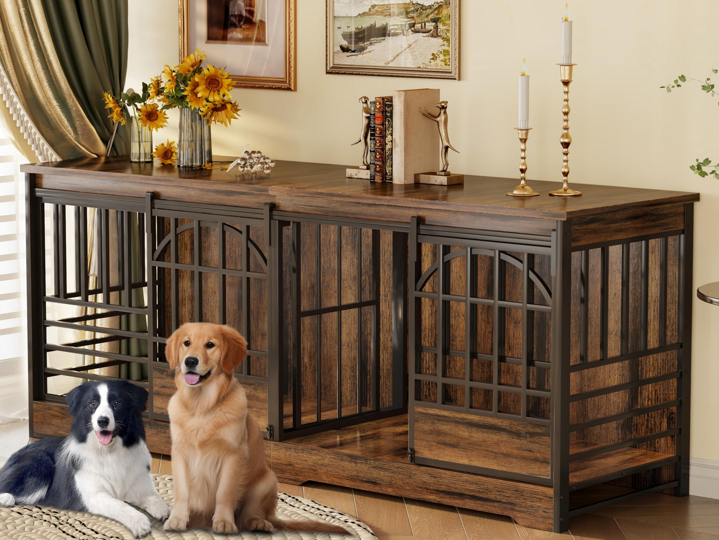 Double Dog Crate Furniture XL Indoor Kennel Divider TV Stand