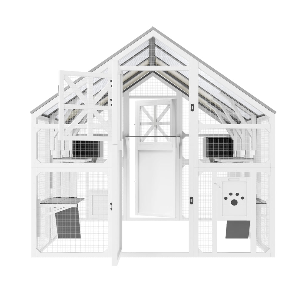 Merax 94.5 Inch Extra Large Catio Outdoor Cat Enclosure, Walk-in Outdoor Pet House for Multiple Cats, Patio Catio Cat Run Cage with Bridges, Weatherproof Roof, 8 Platforms & 2 Resting Box, White