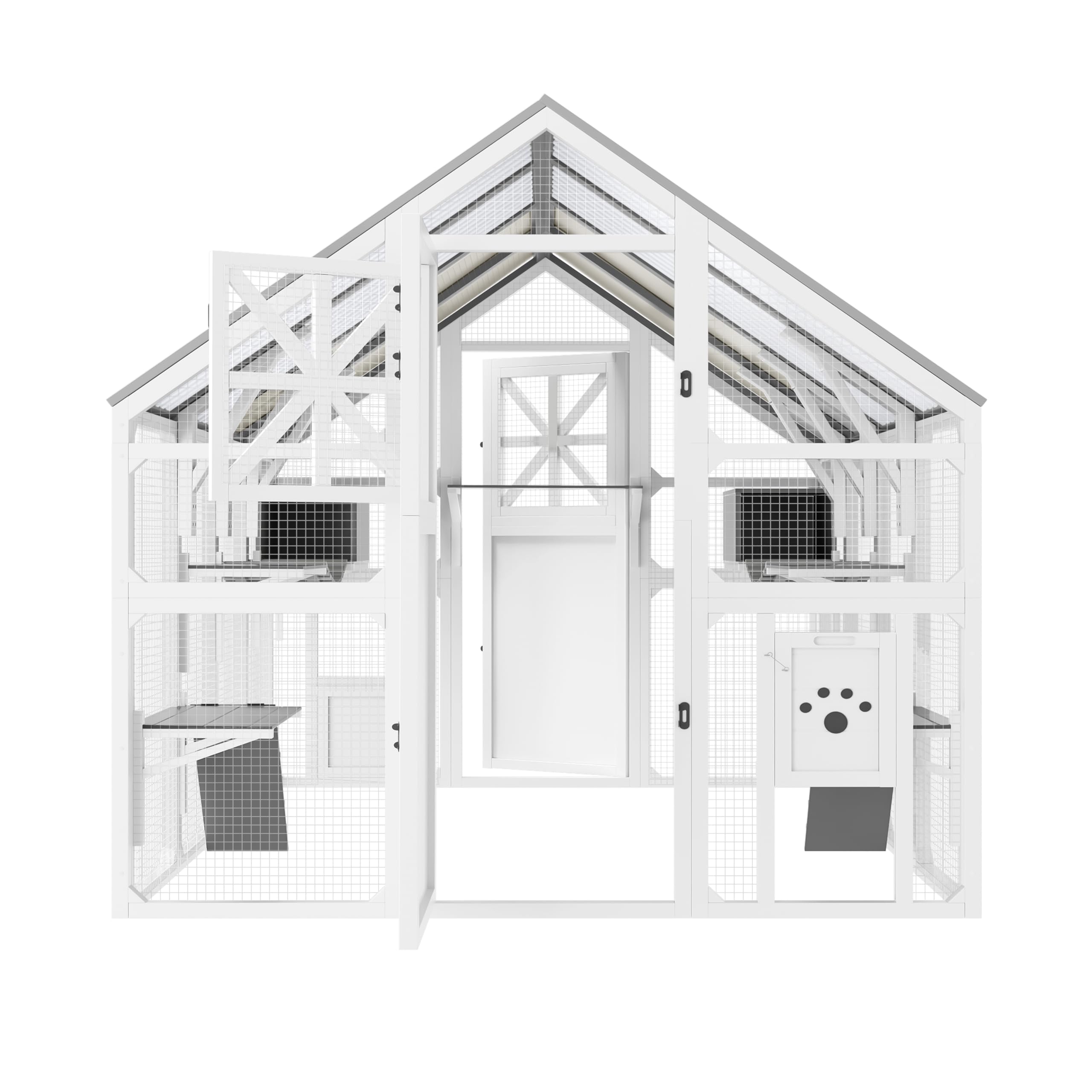 Merax 94.5 Inch Extra Large Catio Outdoor Cat Enclosure, Walk-in Outdoor Pet House for Multiple Cats, Patio Catio Cat Run Cage with Bridges, Weatherproof Roof, 8 Platforms & 2 Resting Box, White