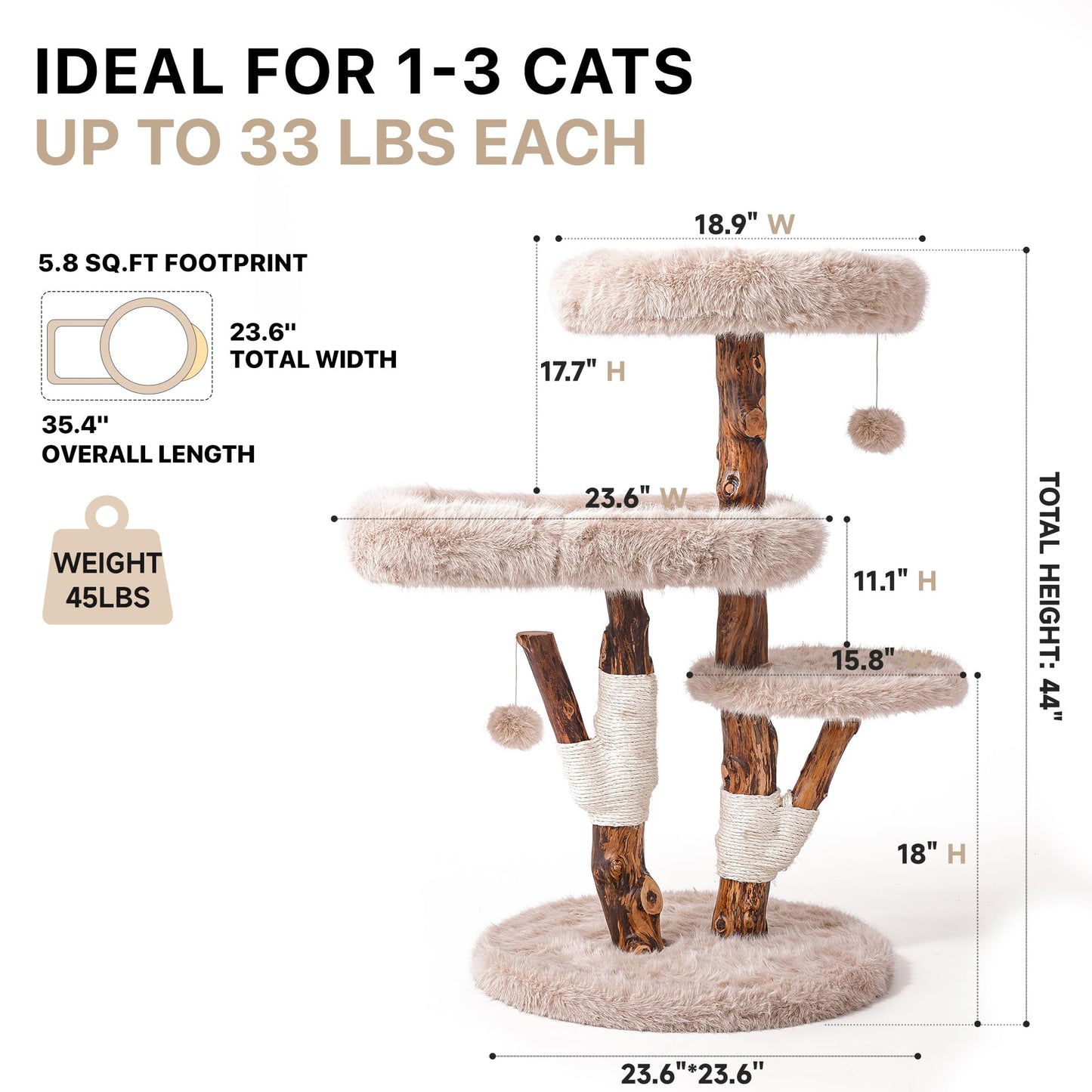 Solid Wood Cat Tree Tall Condo Scratching Post Large Cats