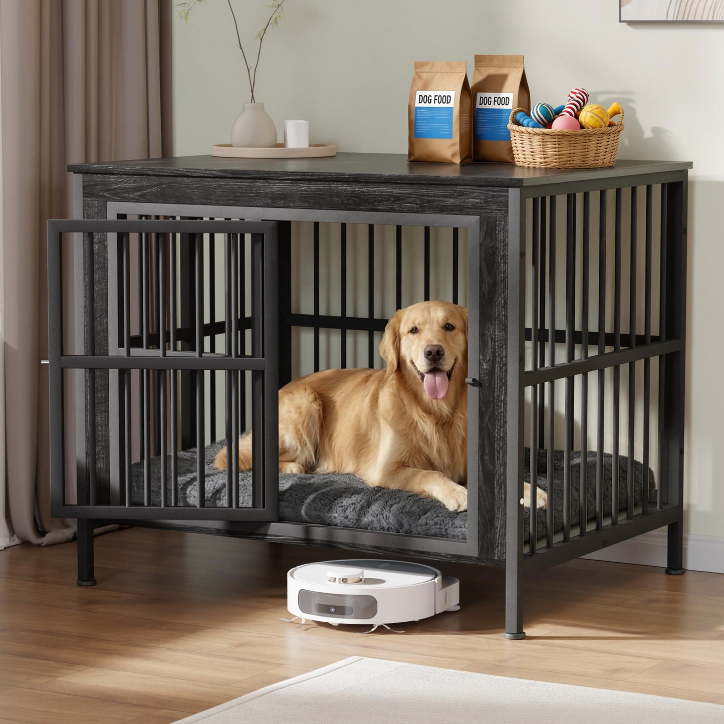 Double Dog Crate Furniture Large Wooden Kennel TV Stand Storage