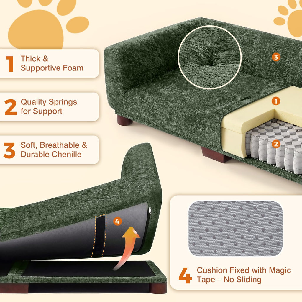 Oakvera Dog Couch Sofa for Large & Extra Large Dogs, Elevated Pet Bed with Legs, Button Tufted Chenille Dog Couch with Backrest and Armrests, Modern Indoor Dog Furniture