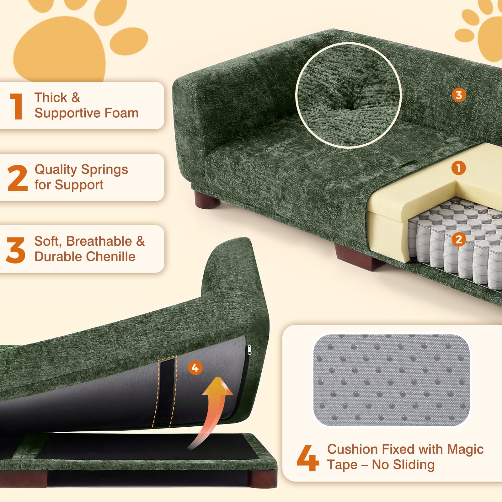 Oakvera Dog Couch Sofa for Large & Extra Large Dogs, Elevated Pet Bed with Legs, Button Tufted Chenille Dog Couch with Backrest and Armrests, Modern Indoor Dog Furniture