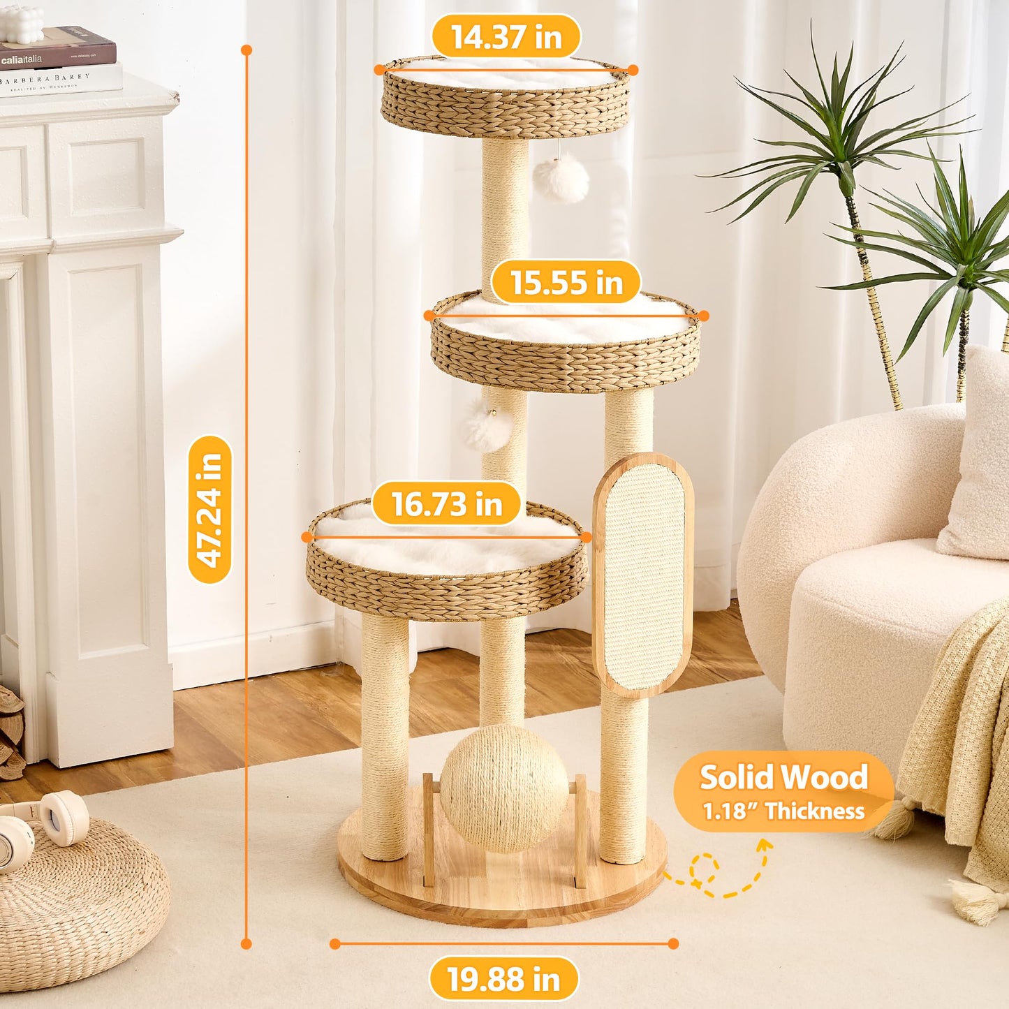 Solid Wood Cat Tree Tower 53 Inch Scratching Post Capsule Bed