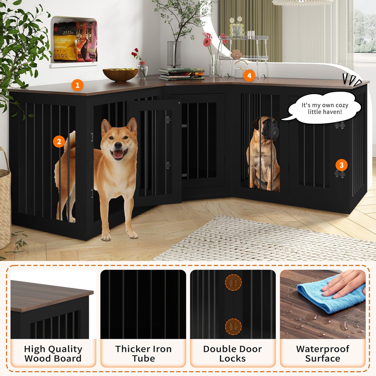 Triple Dog Crate Furniture Indoor Wooden Kennel Large