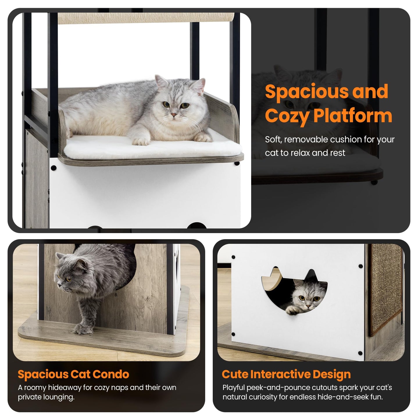 Modern Wood Cat Tree Tall Multi Level Cat Tower Perch Bed