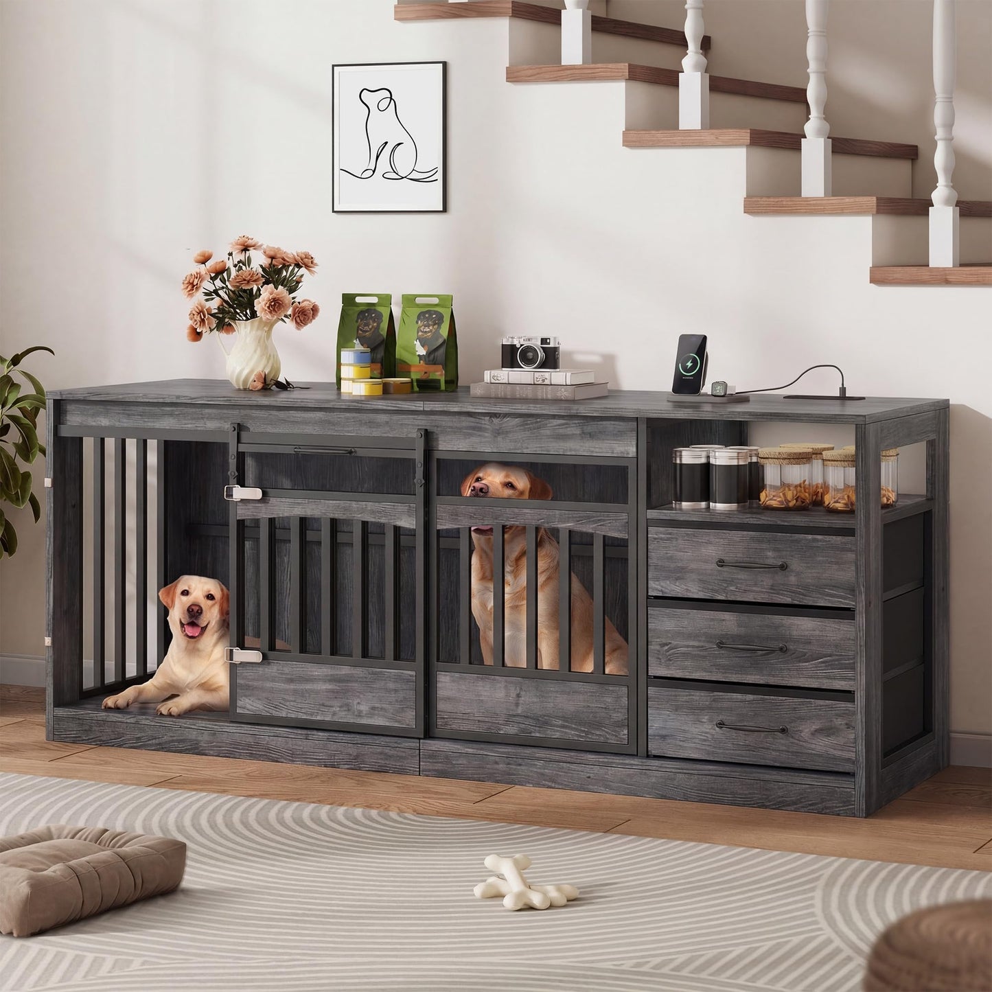 Double Dog Crate Furniture with Storage Drawers TV Stand Kennel
