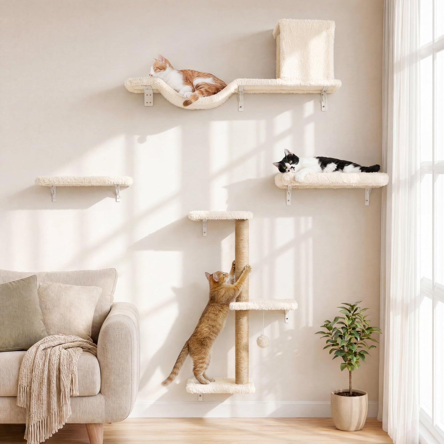 Wall Mounted Cat Shelves Climbing Set Scratcher Wood