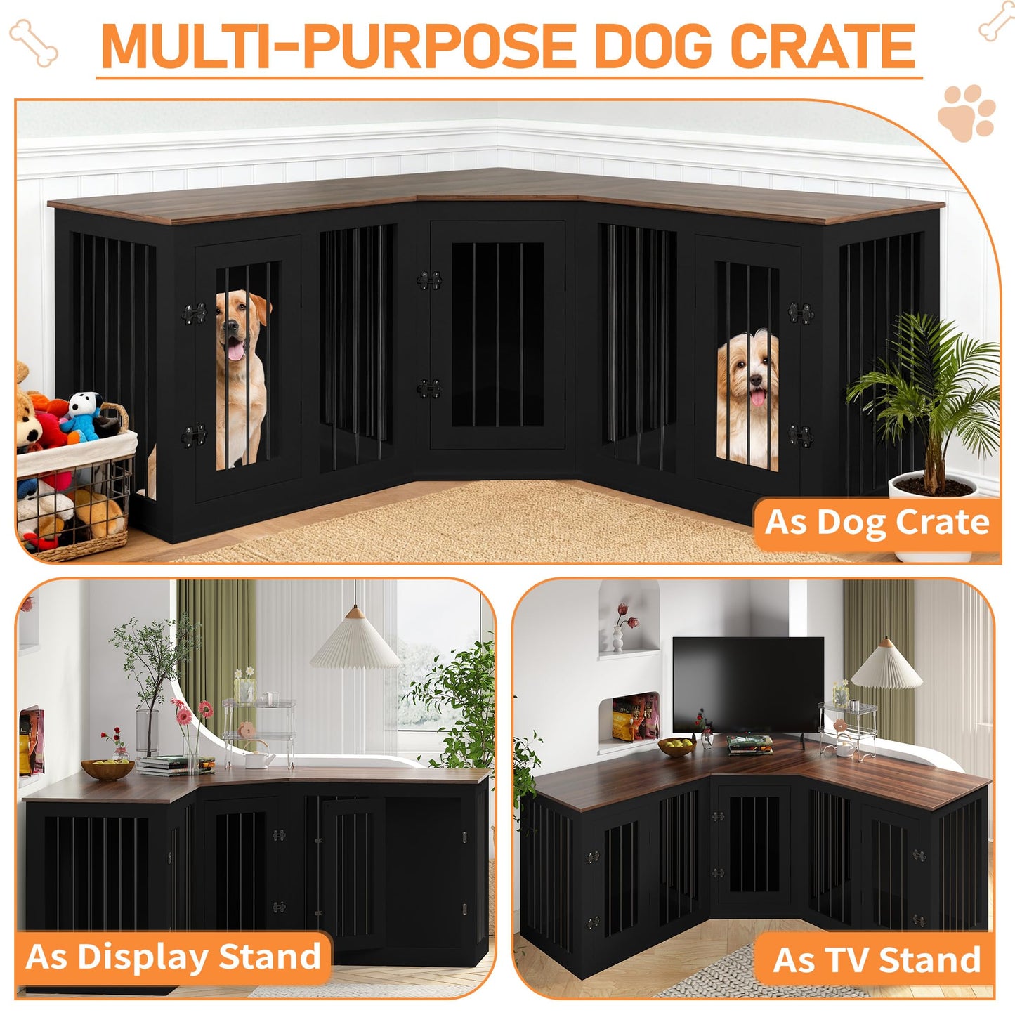 Triple Dog Crate Furniture Indoor Wooden Kennel Large