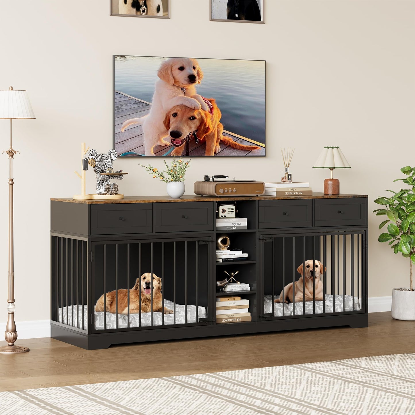 Dog Crate Indoor Kennel with Storage Drawers Shelves