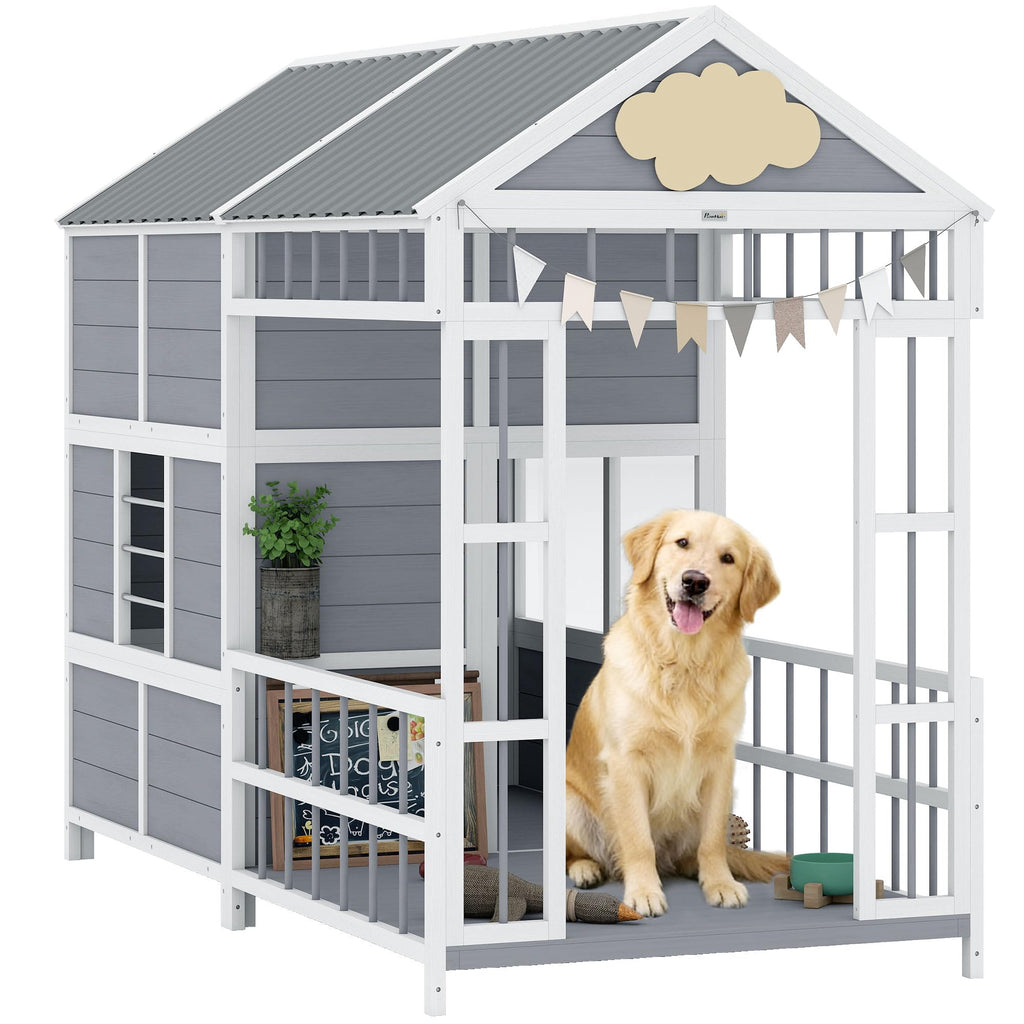 PawHut Dog House Outdoor Indoor, 79" x 41" x 63" Wooden Dog Shelter with Porch, Storage Cabinet, Weatherproof Roof, Elevated Floor, Air Vents & Observation Windows, Large Pet Shelter for Large Breeds