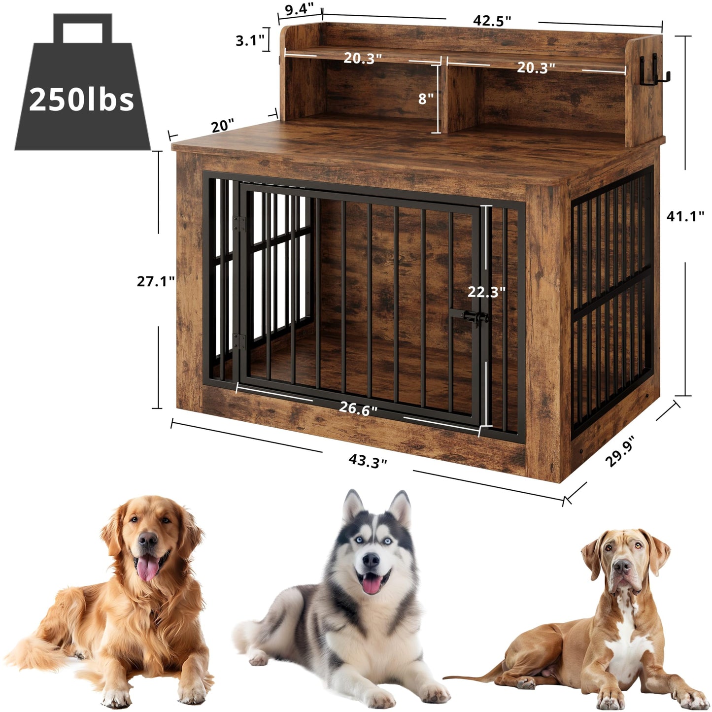 Large Dog Crate Furniture Wooden Storage Hooks Indoor Kennel