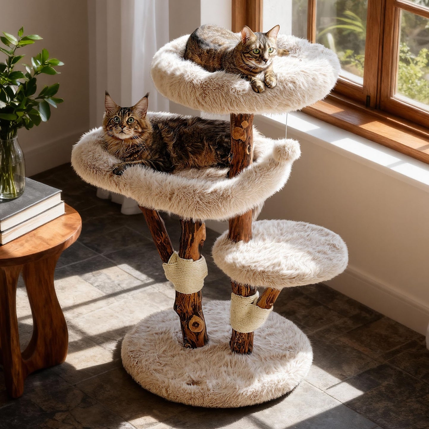 Solid Wood Cat Tree Tall Condo Scratching Post Large Cats