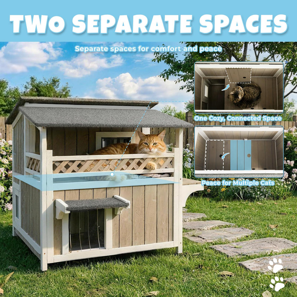 Pawbuilt Outdoor & Indoor Wooden Cat House, Weatherproof Two-Story Cat Shelter, Enclosed Multi-Level Cat Home for Cats