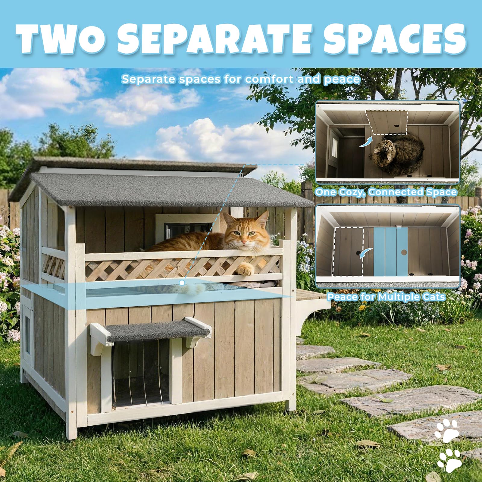Pawbuilt Outdoor & Indoor Wooden Cat House, Weatherproof Two-Story Cat Shelter, Enclosed Multi-Level Cat Home for Cats