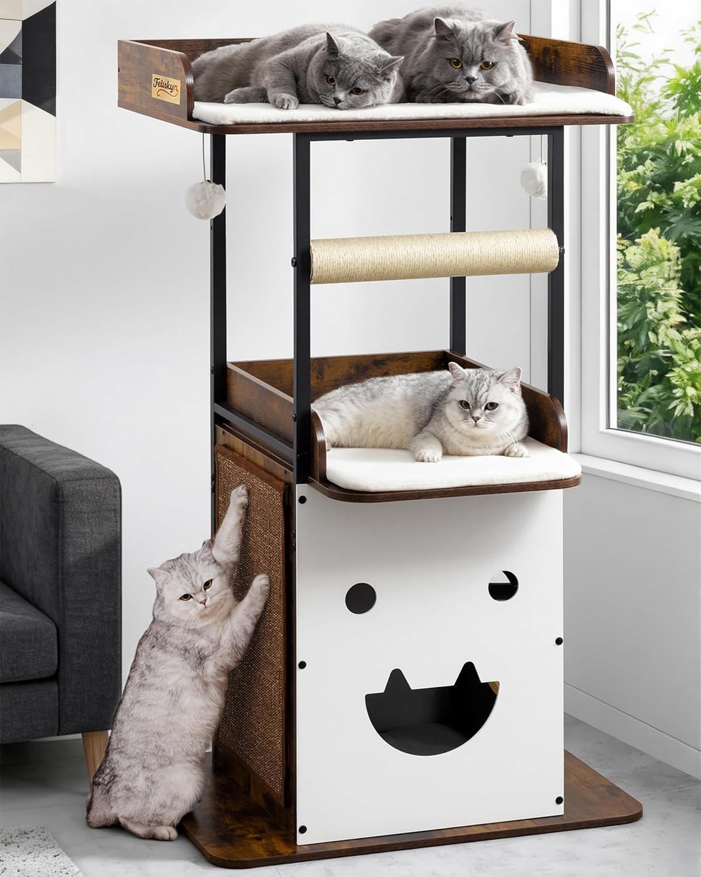 Modern Wood Cat Tree Tall Multi Level Cat Tower Perch Bed