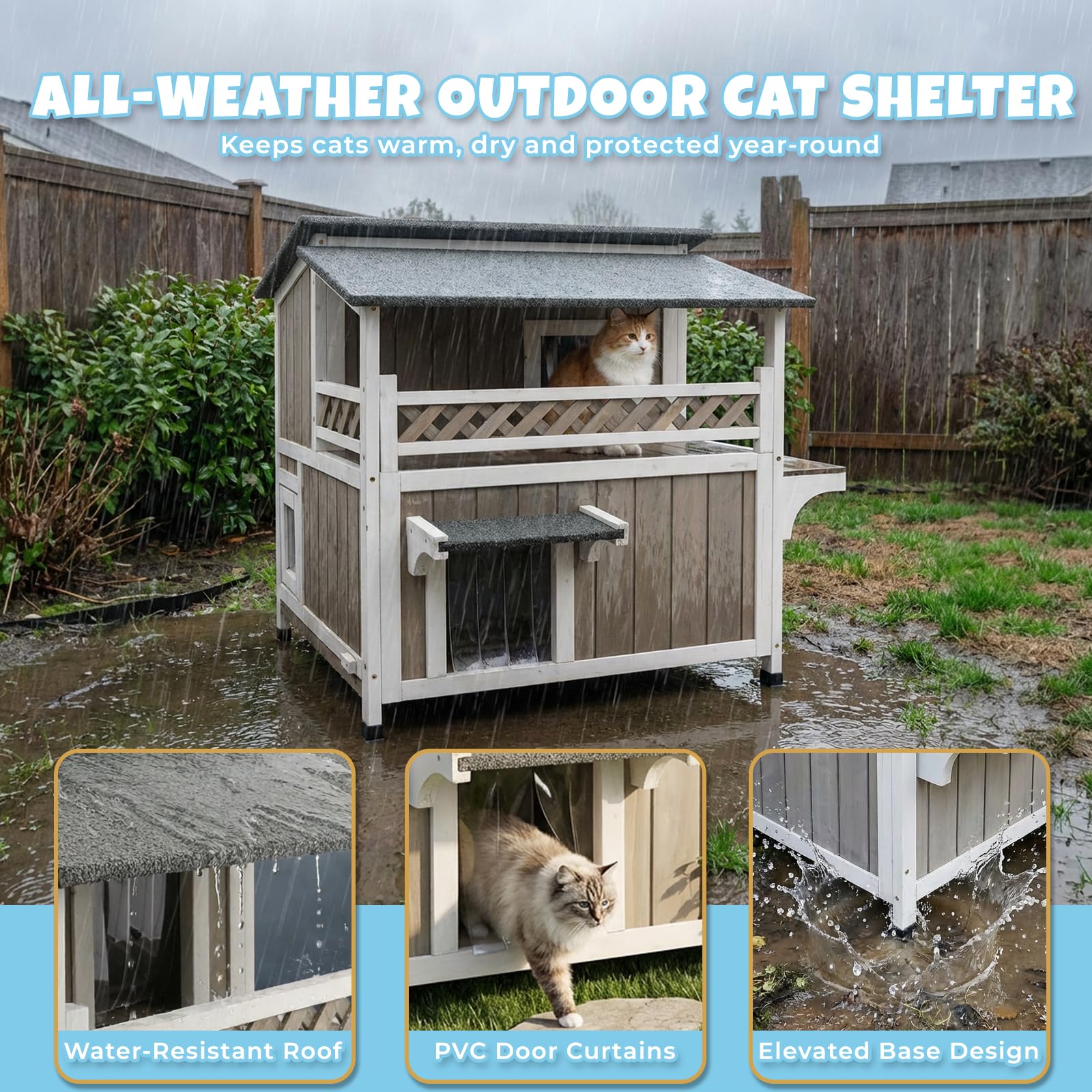 Pawbuilt Outdoor & Indoor Wooden Cat House, Weatherproof Two-Story Cat Shelter, Enclosed Multi-Level Cat Home for Cats