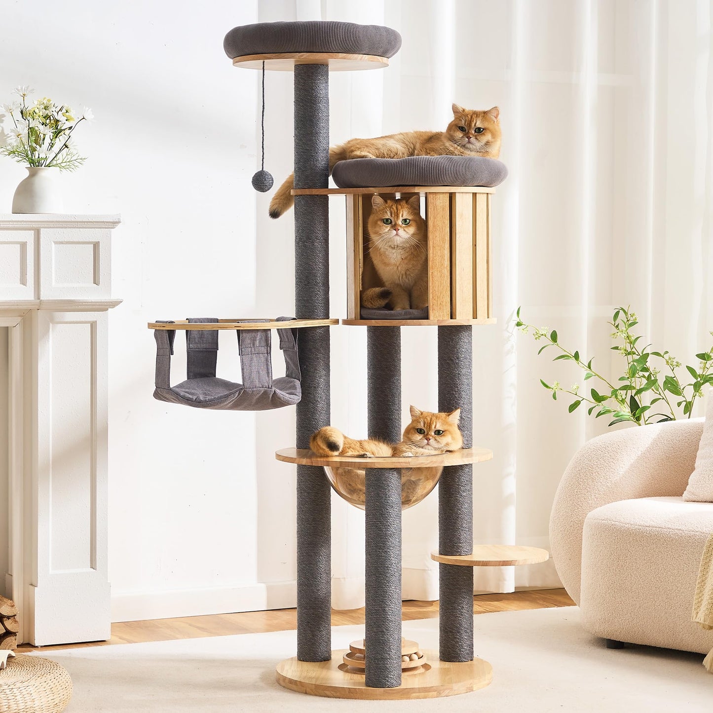 Solid Wood Cat Tree Tower 53 Inch Scratching Post Capsule Bed