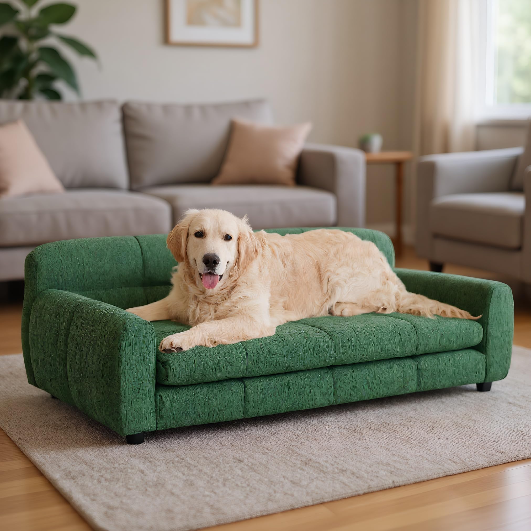 38" Large Dog Sofa Bed, Elevated Dog Bed with Backrest and Armrests, Soft Memory Foam Couches for Large and Medium-Sized Pets, Durable Linen Pet Couch Furniture, Beige