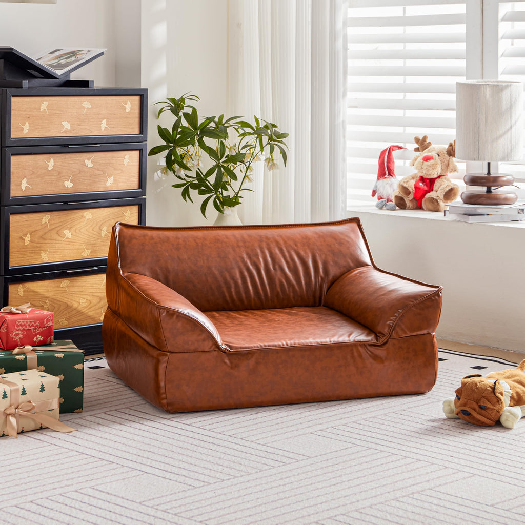 ATJafurn Leather Dog Couch Bed for Small Medium and Large Dogs, Brown Mid Century Modern Elevated Cat Sofa Bed Luxurious Indoor Furniture Style Pet Supplies for Puppy
