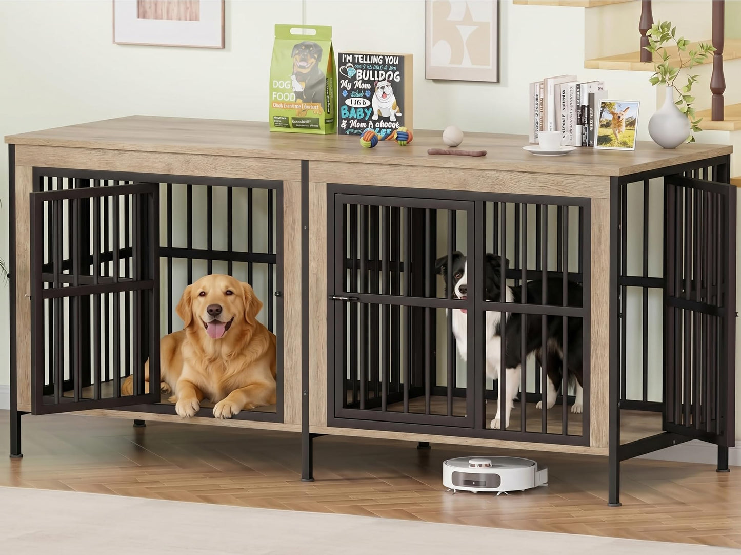 Double Dog Crate Furniture Large Wooden Kennel TV Stand Storage