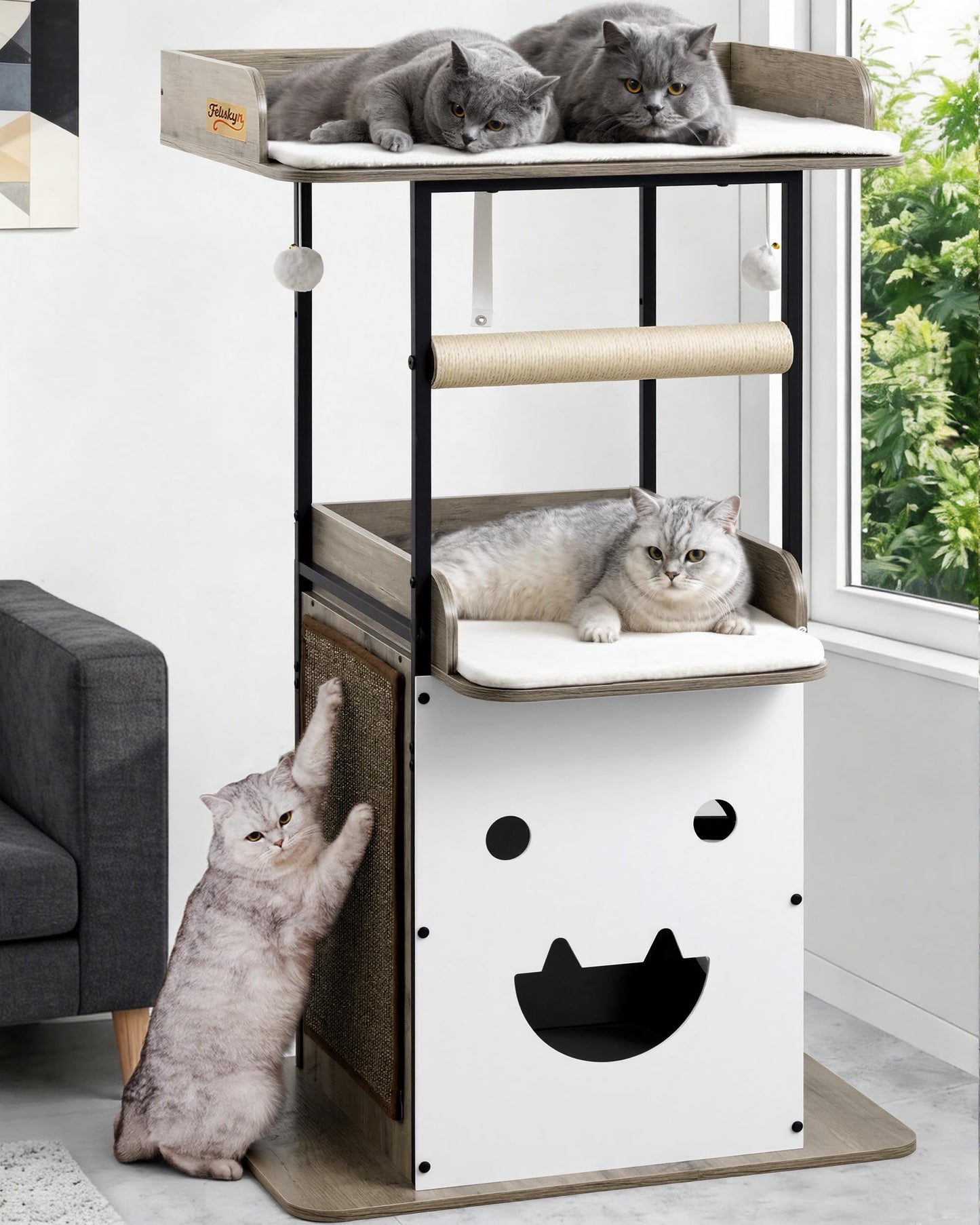 Modern Wood Cat Tree Tall Multi Level Cat Tower Perch Bed