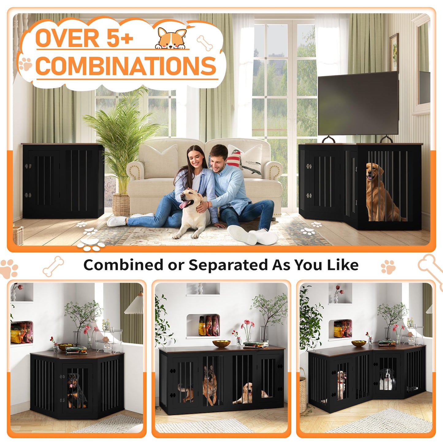 Triple Dog Crate Furniture Indoor Wooden Kennel Large