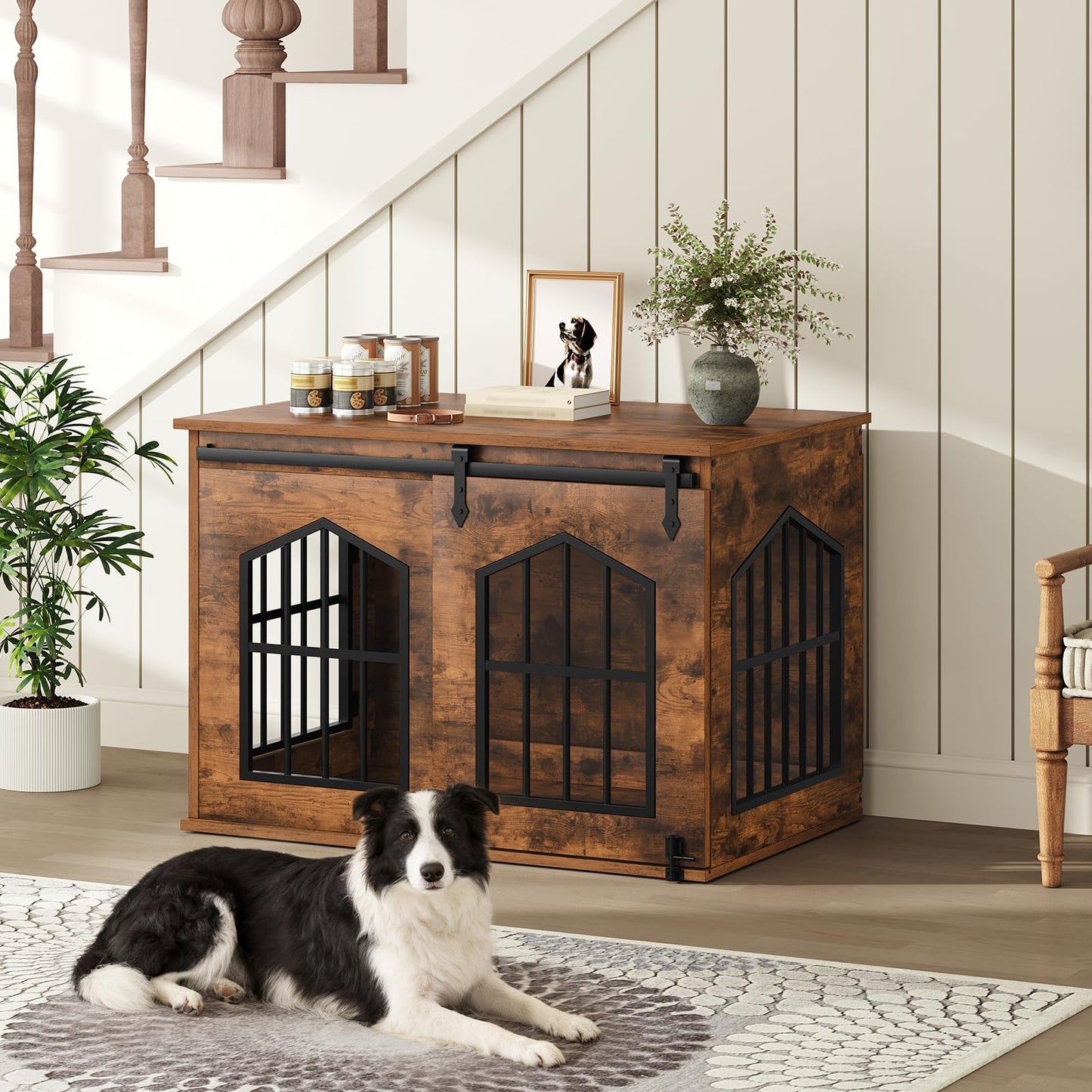 Farmhouse Dog Crate Furniture Sliding Barn Door Wooden Kennel
