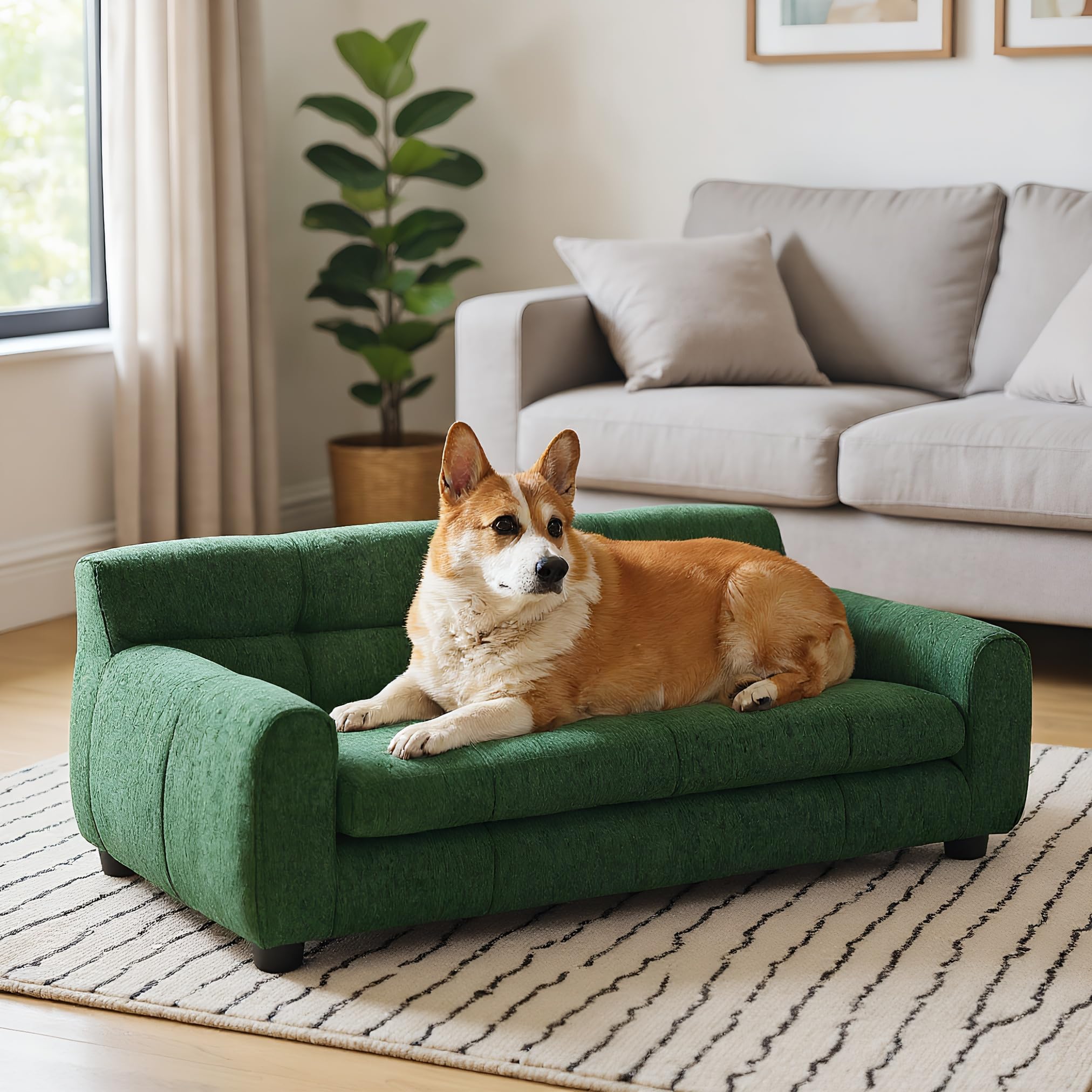 38" Large Dog Sofa Bed, Elevated Dog Bed with Backrest and Armrests, Soft Memory Foam Couches for Large and Medium-Sized Pets, Durable Linen Pet Couch Furniture, Beige