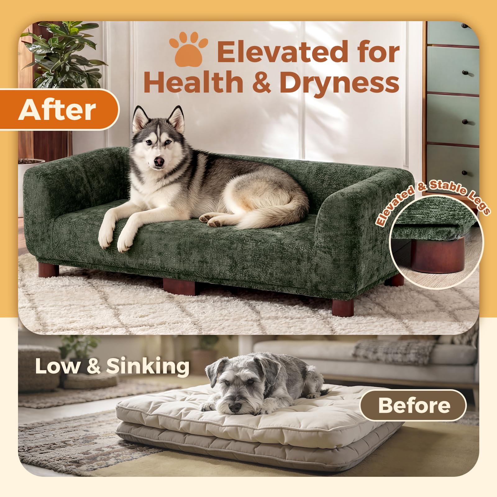 Oakvera Dog Couch Sofa for Large & Extra Large Dogs, Elevated Pet Bed with Legs, Button Tufted Chenille Dog Couch with Backrest and Armrests, Modern Indoor Dog Furniture