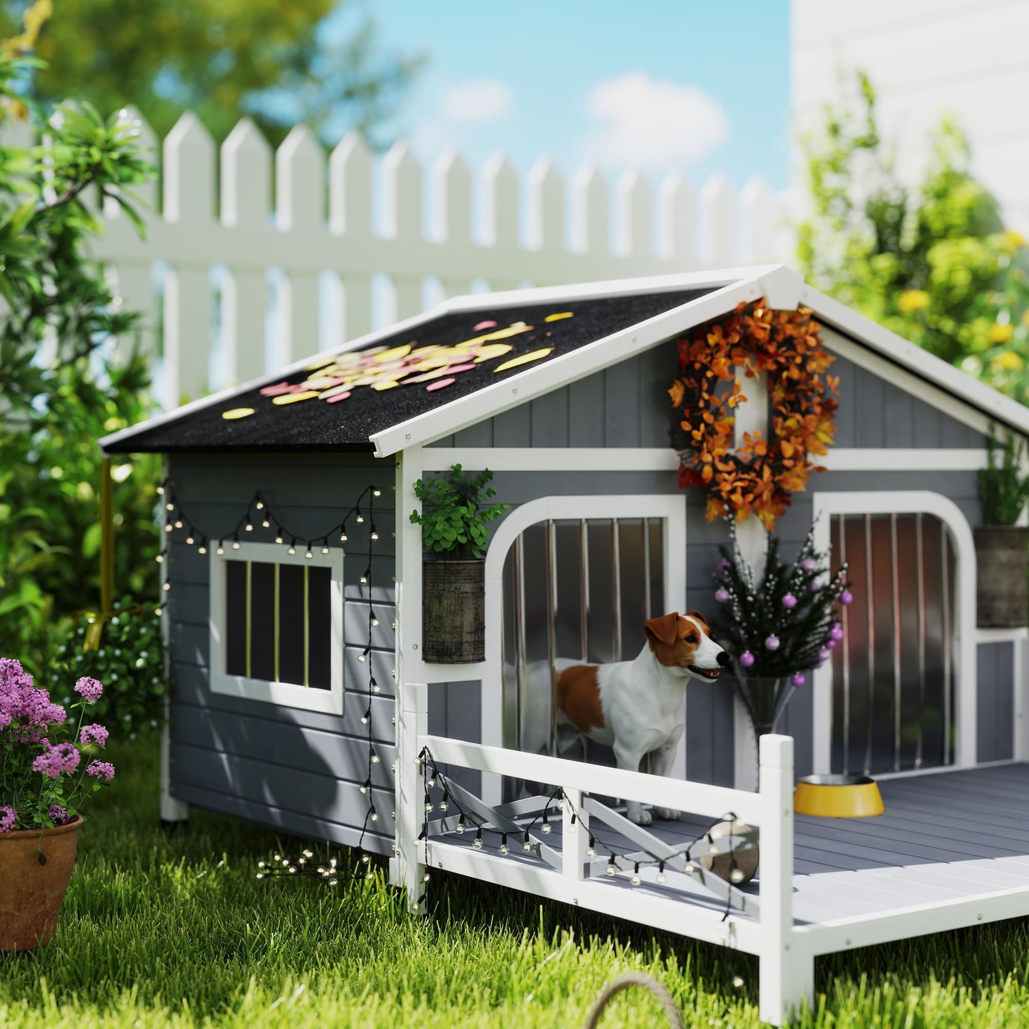 PawHut Dog House Outdoor, Wooden Dog Kennel Weatherproof with Porch, Openable Roof, Removable Bottom, Elevated Floor, Double Room for 2 Small to Medium Breeds