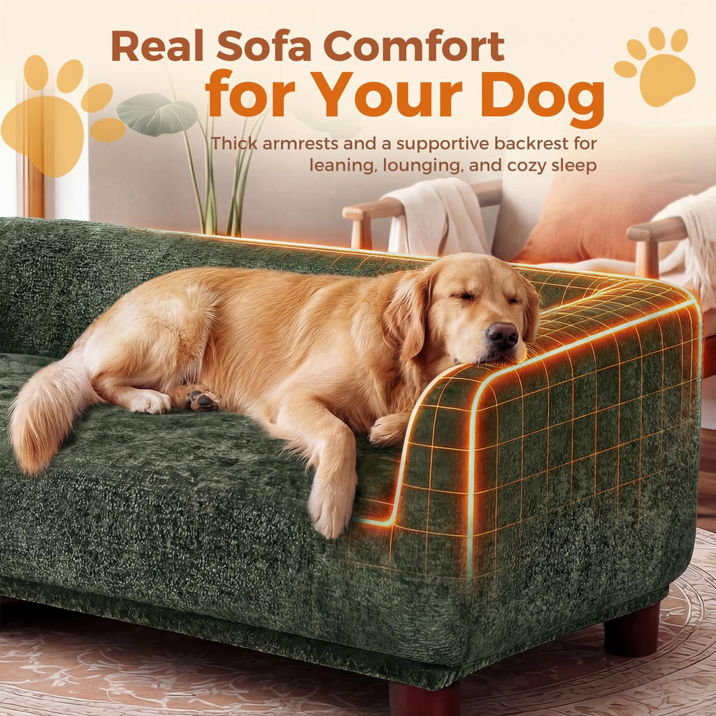 Oakvera Dog Couch Sofa for Large & Extra Large Dogs, Elevated Pet Bed with Legs, Button Tufted Chenille Dog Couch with Backrest and Armrests, Modern Indoor Dog Furniture