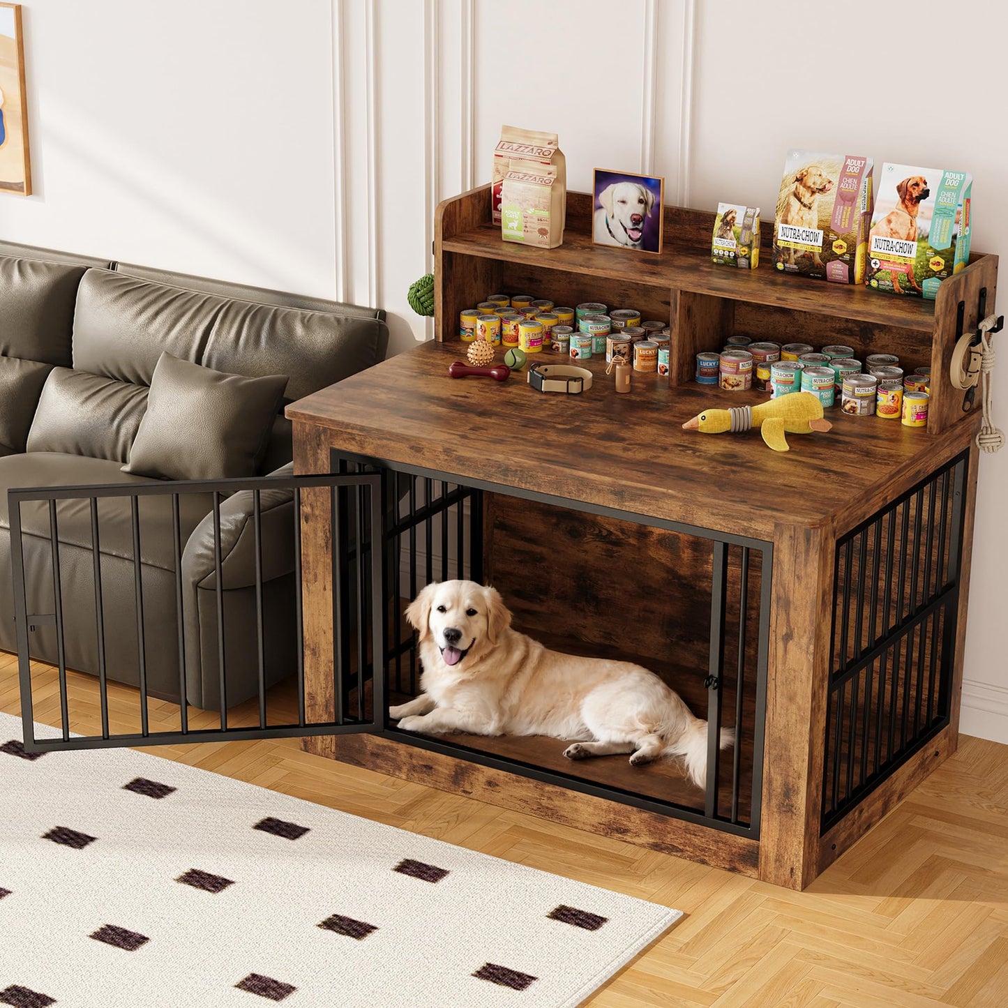 Large Dog Crate Furniture Wooden Storage Hooks Indoor Kennel