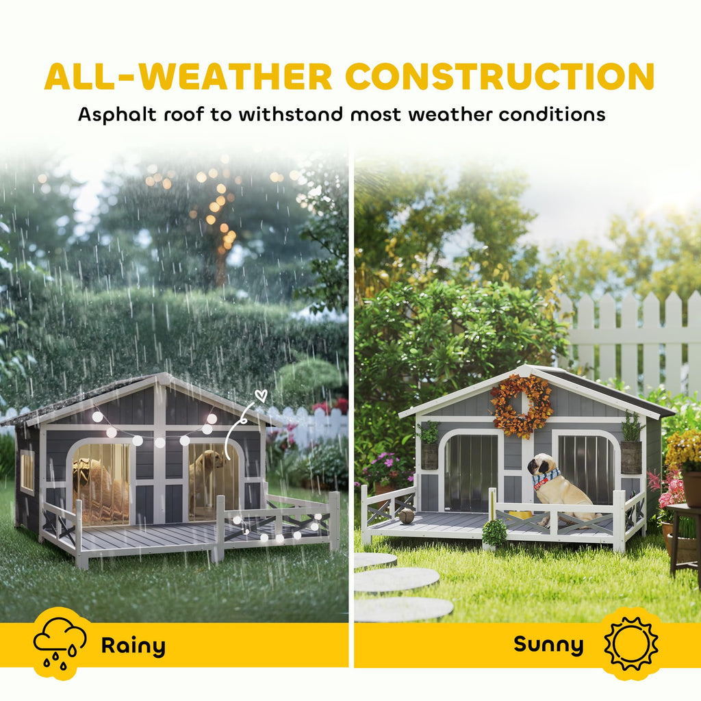 PawHut Dog House Outdoor, Wooden Dog Kennel Weatherproof with Porch, Openable Roof, Removable Bottom, Elevated Floor, Double Room for 2 Small to Medium Breeds