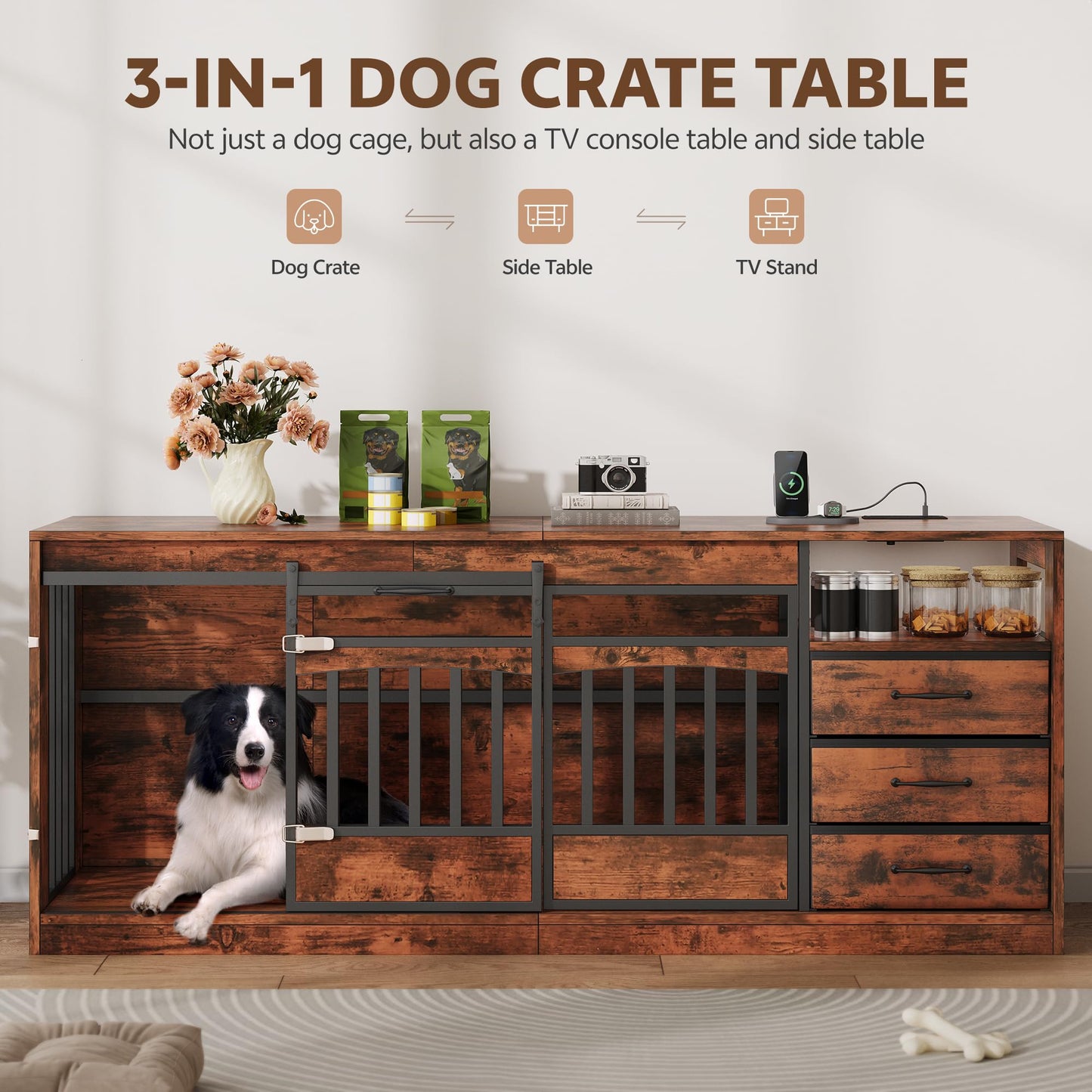 Double Dog Crate Furniture with Storage Drawers TV Stand Kennel