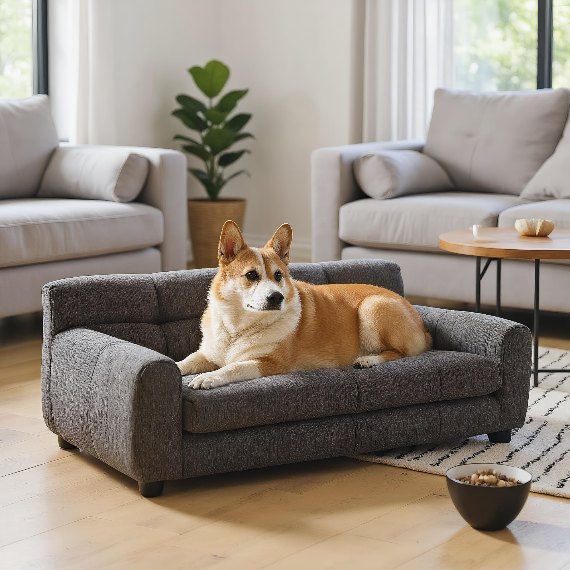 38" Large Dog Sofa Bed, Elevated Dog Bed with Backrest and Armrests, Soft Memory Foam Couches for Large and Medium-Sized Pets, Durable Linen Pet Couch Furniture, Beige