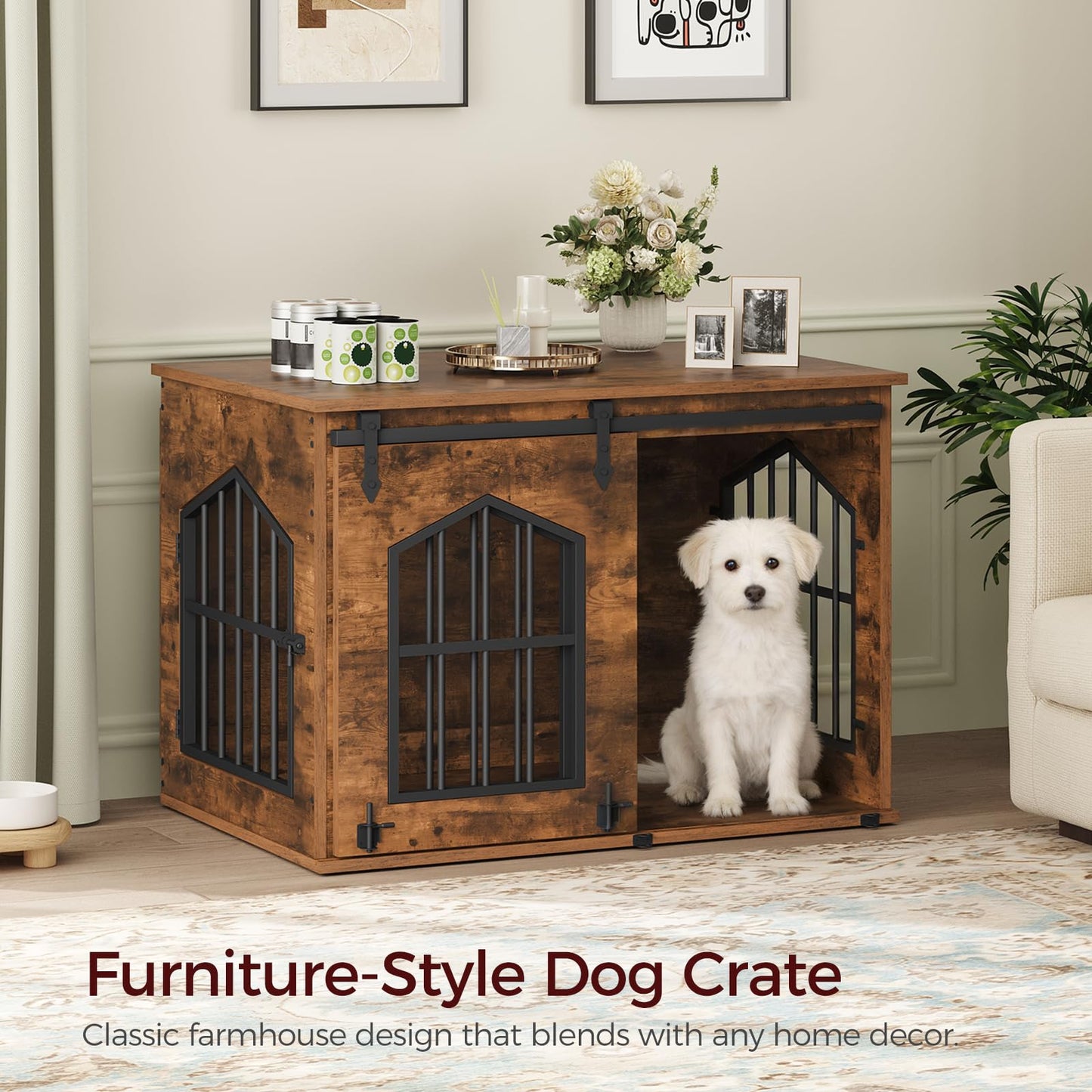 Farmhouse Dog Crate Furniture Sliding Barn Door Wooden Kennel