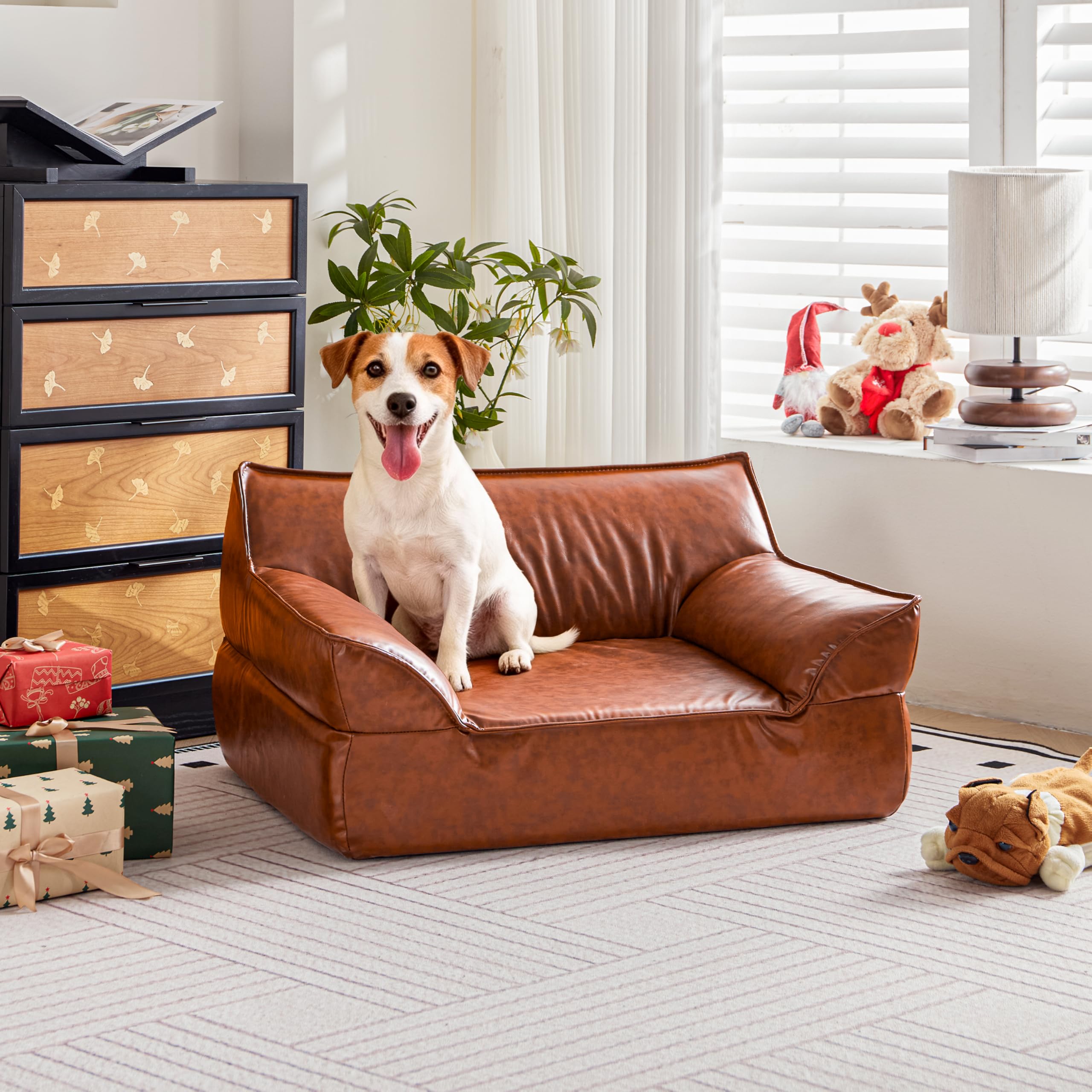 ATJafurn Leather Dog Couch Bed for Small Medium and Large Dogs, Brown Mid Century Modern Elevated Cat Sofa Bed Luxurious Indoor Furniture Style Pet Supplies for Puppy