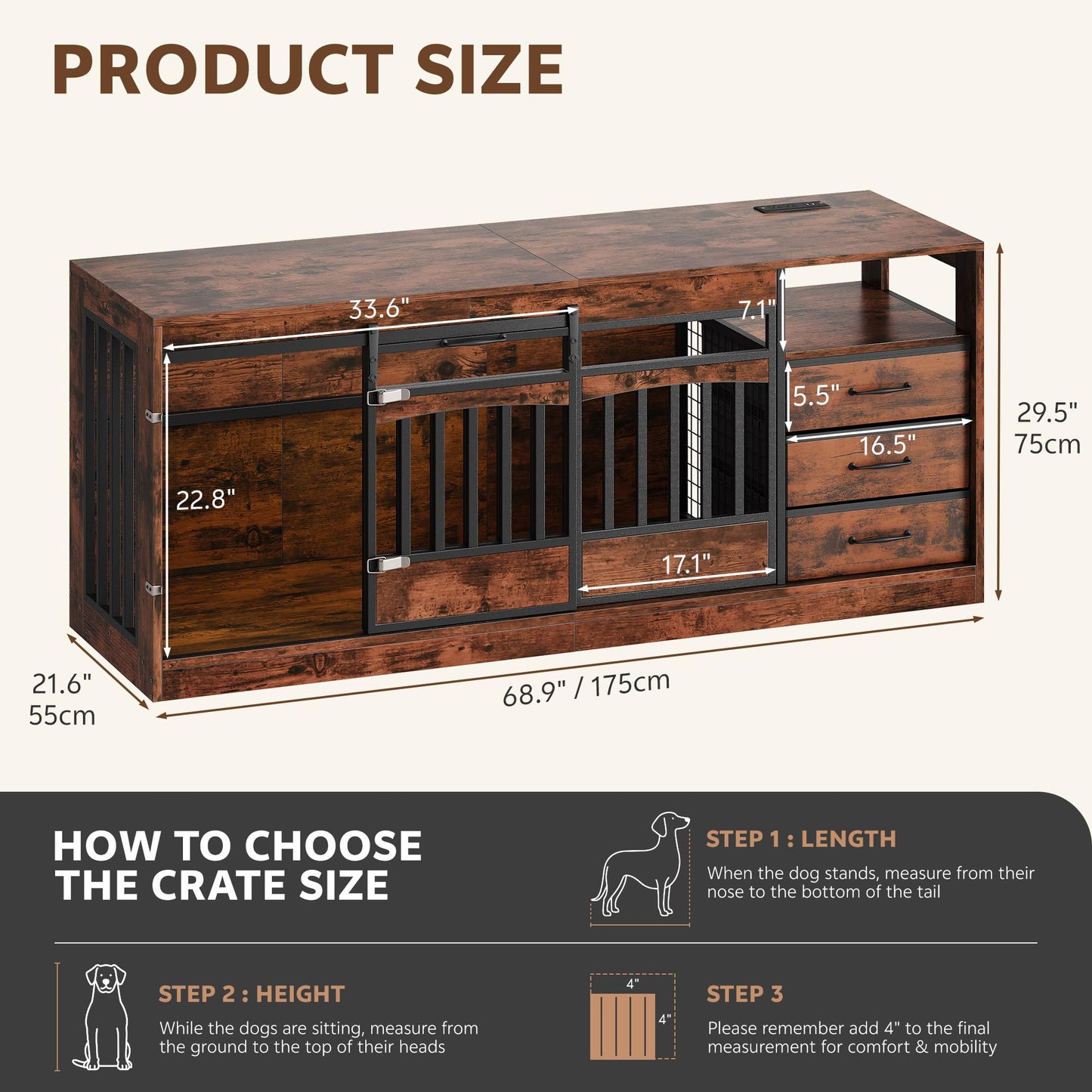 Double Dog Crate Furniture with Storage Drawers TV Stand Kennel