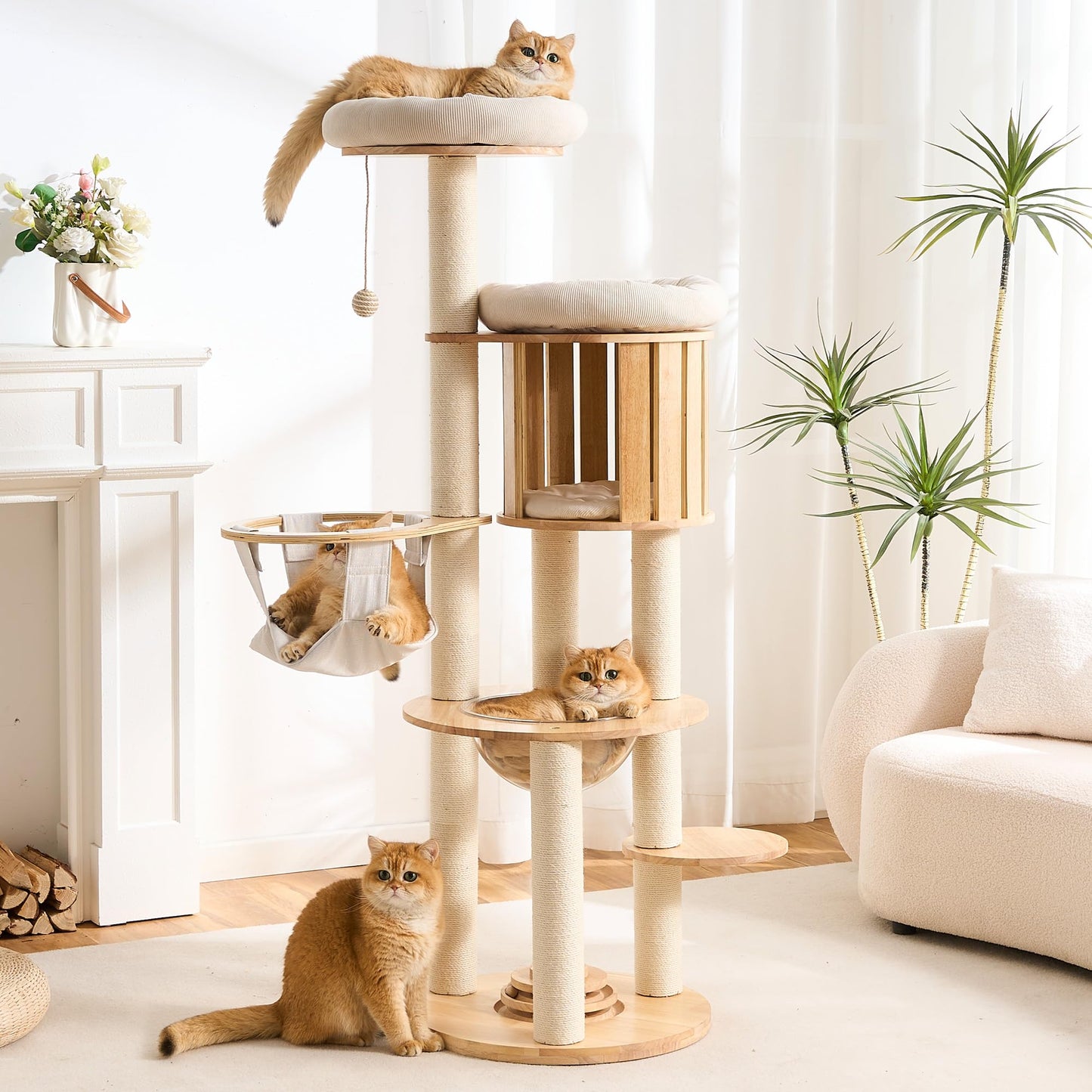 Solid Wood Cat Tree Tower 53 Inch Scratching Post Capsule Bed