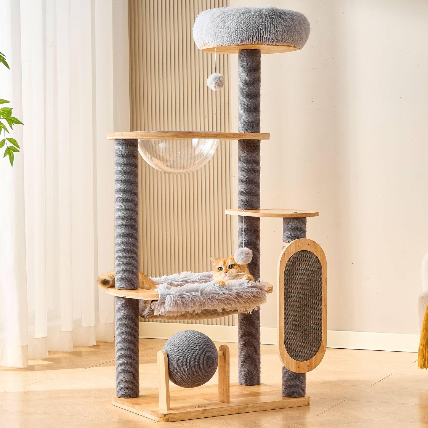 Solid Wood Cat Tree Tower 53 Inch Scratching Post Capsule Bed