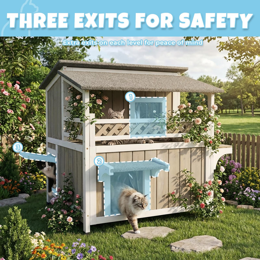 Pawbuilt Outdoor & Indoor Wooden Cat House, Weatherproof Two-Story Cat Shelter, Enclosed Multi-Level Cat Home for Cats