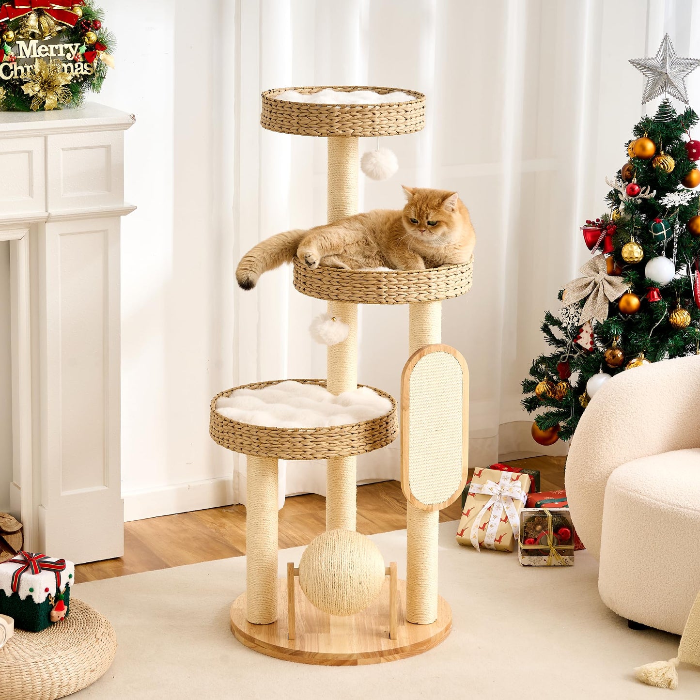 Solid Wood Cat Tree Tower 53 Inch Scratching Post Capsule Bed