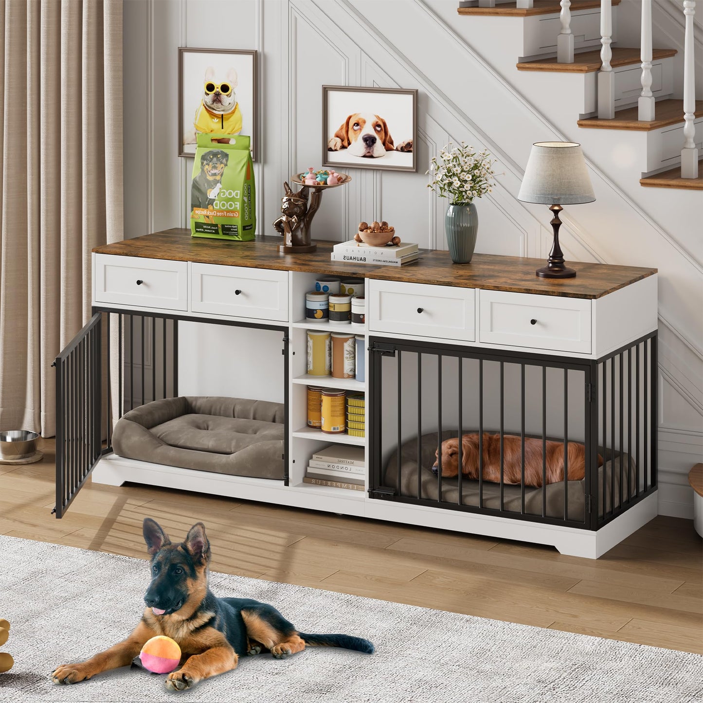 Dog Crate Indoor Kennel with Storage Drawers Shelves