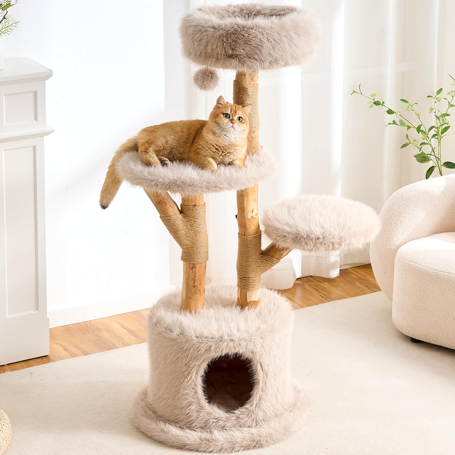 Solid Wood Cat Tree Tower 53 Inch Scratching Post Capsule Bed