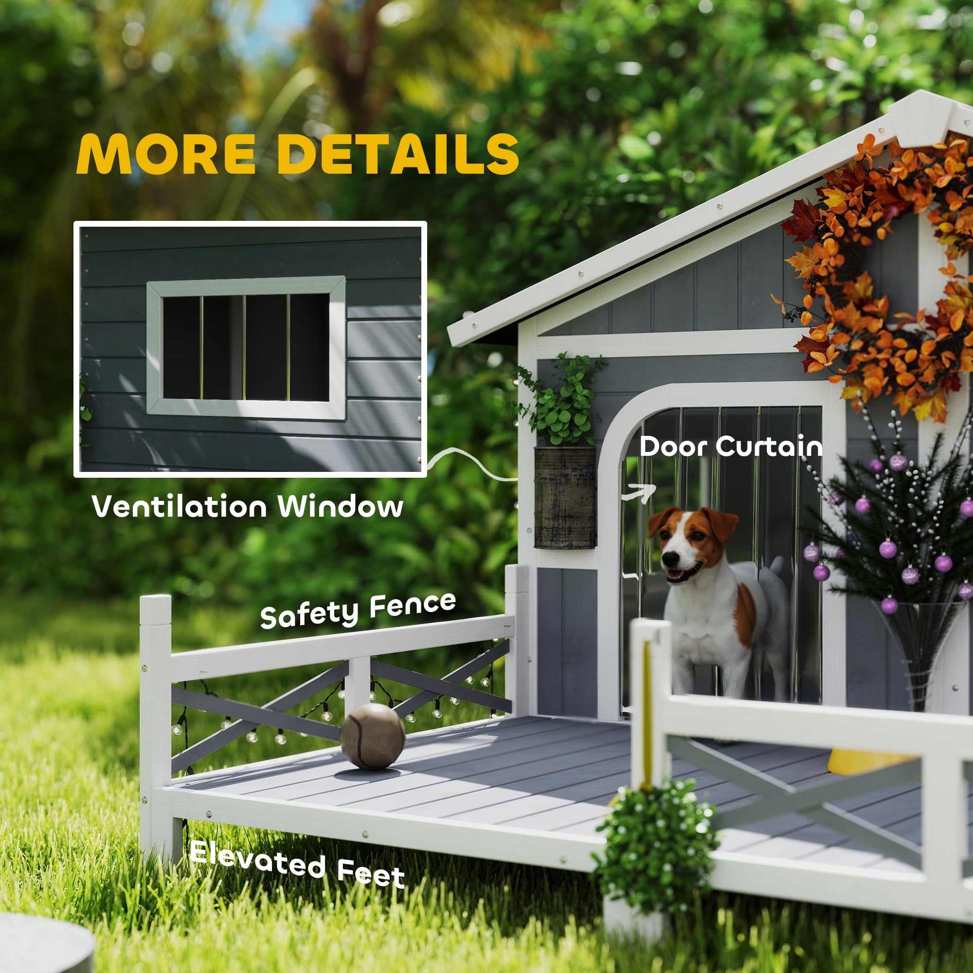 PawHut Dog House Outdoor, Wooden Dog Kennel Weatherproof with Porch, Openable Roof, Removable Bottom, Elevated Floor, Double Room for 2 Small to Medium Breeds