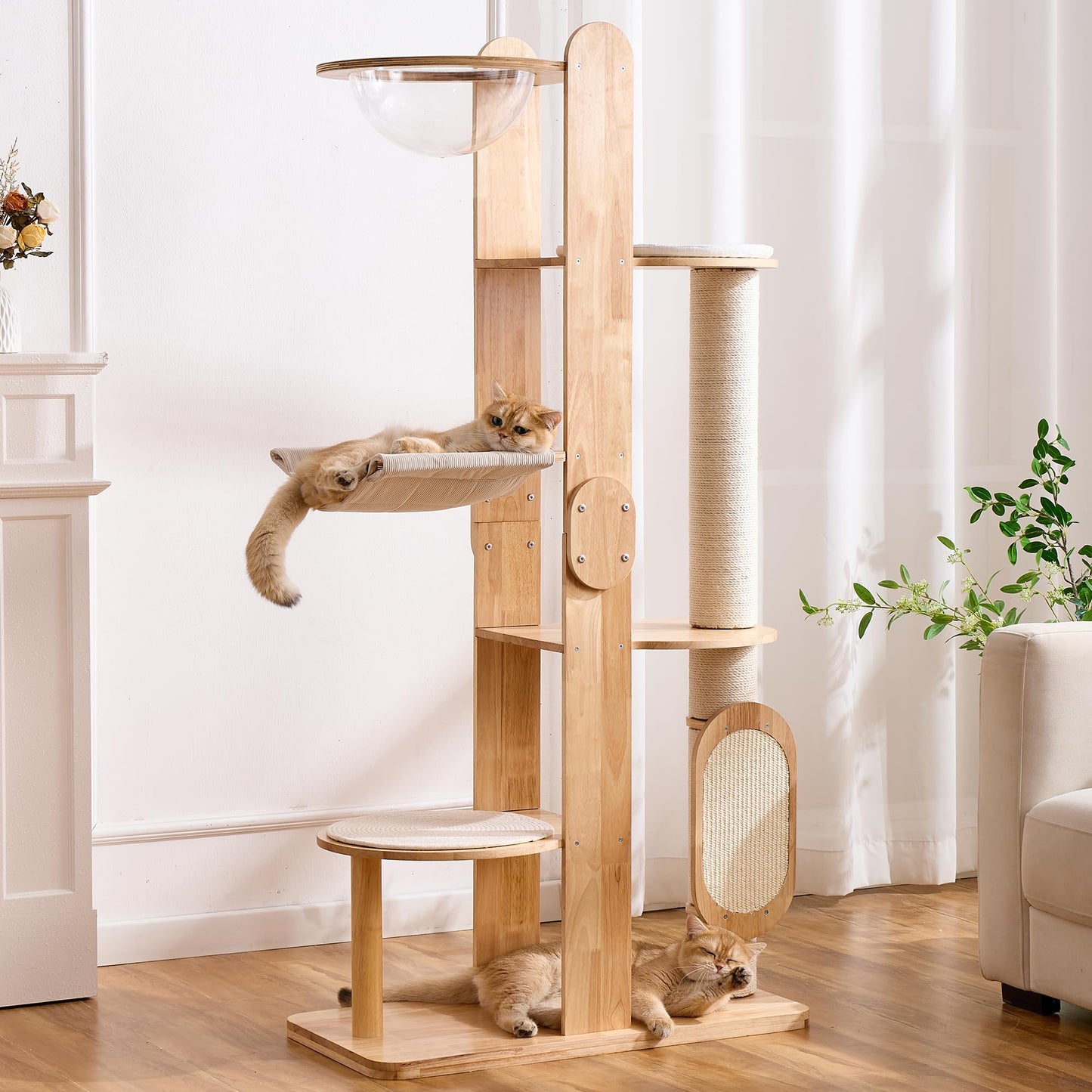 Solid Wood Cat Tree Tower 53 Inch Scratching Post Capsule Bed