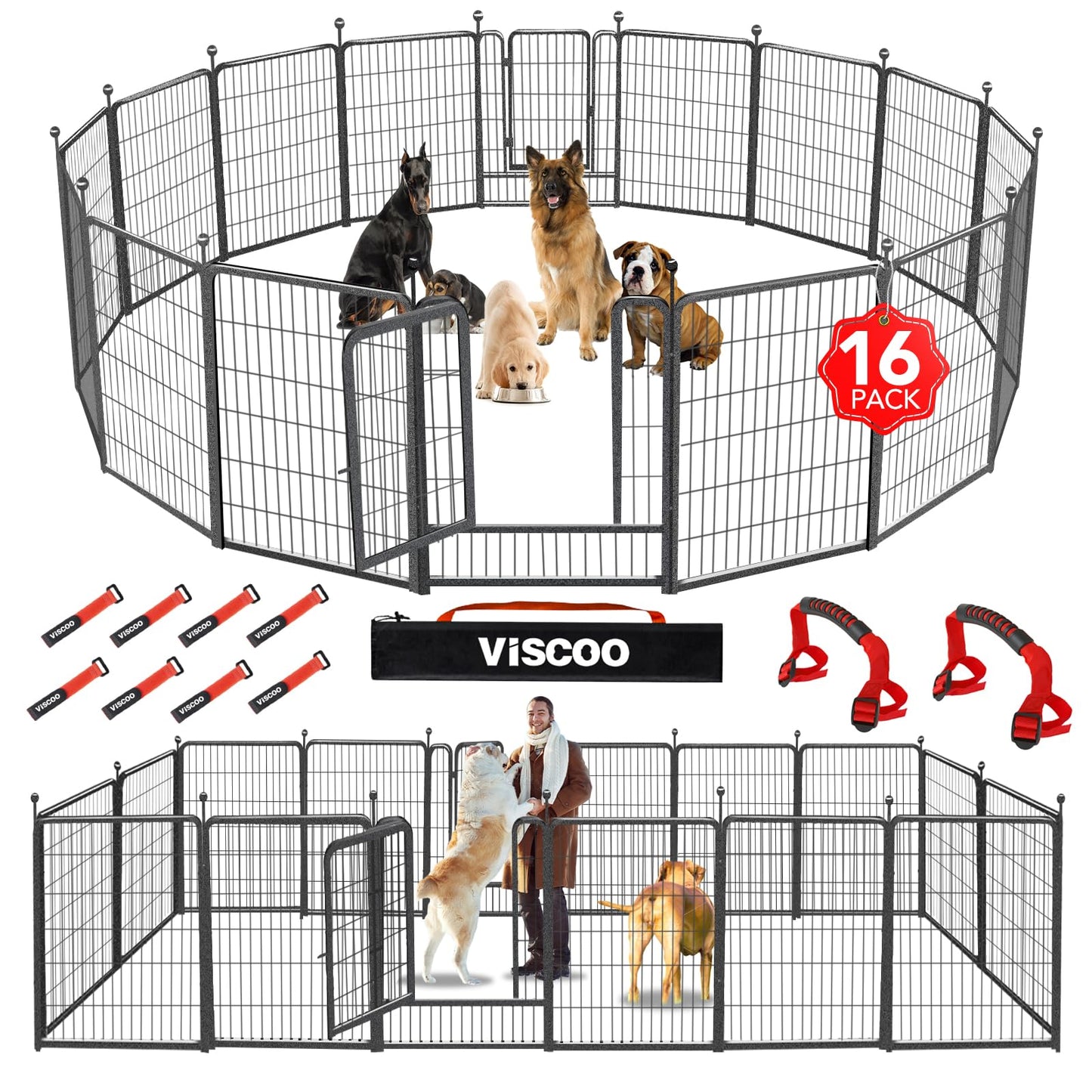 16 Panel Metal Dog Playpen Outdoor Fence with Gate Portable